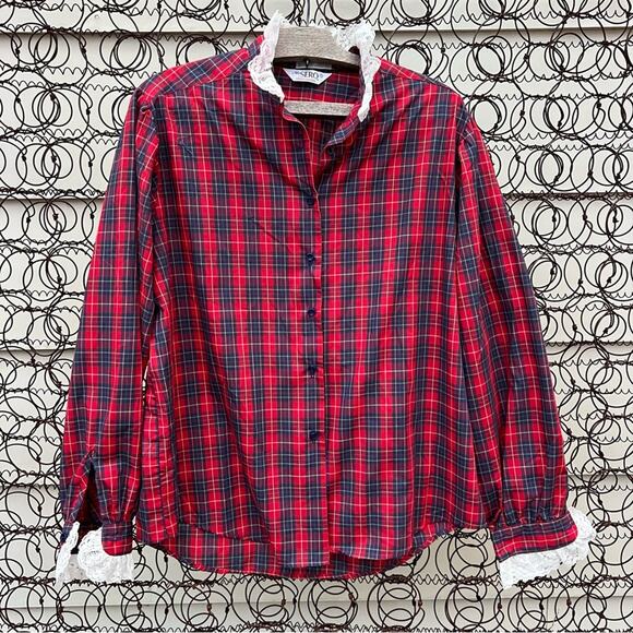 VTG Ms. Sero Red Poplin Christmas Plaid Ruffle Lace L/S Button Up Blouse Size 10 - Picture 1 of 7